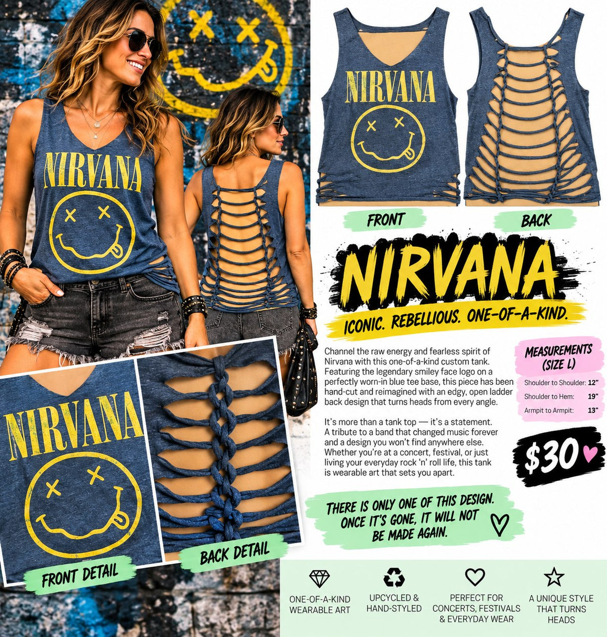 One-of-a-Kind Nirvana Reworked Tank – Size L - details and styling