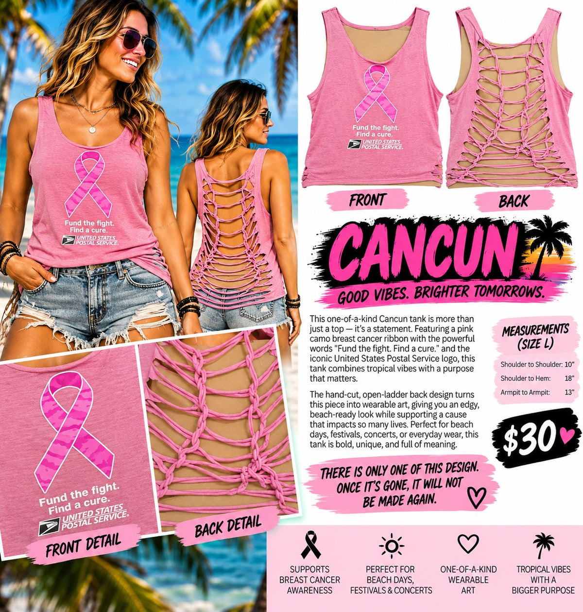 One-of-a-Kind Cancun Reworked Tank – Size L - details and styling