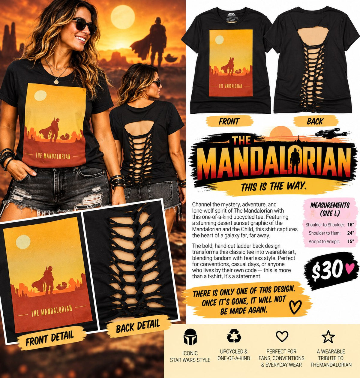 One-of-a-Kind Mandalorian Reworked Shirt – Size L - details and styling