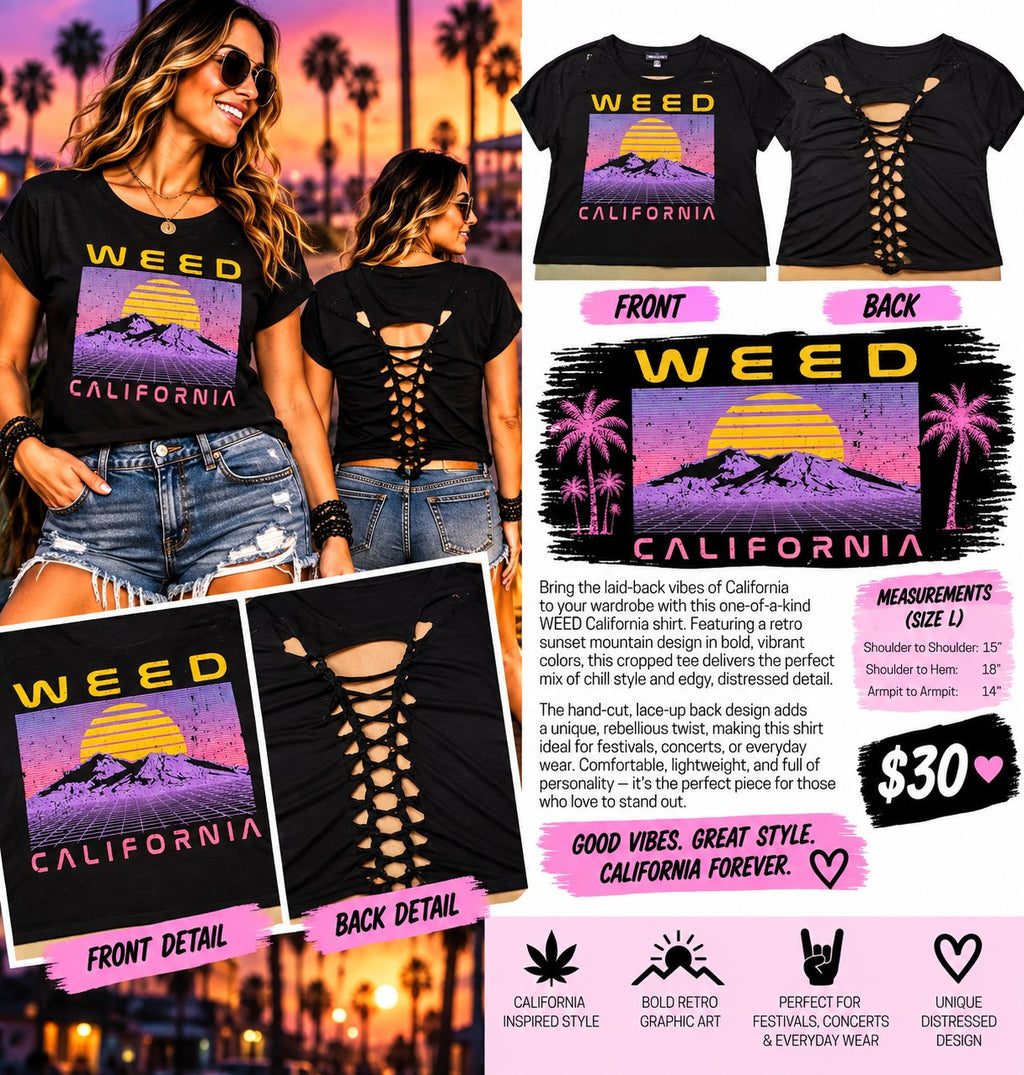 One-of-a-Kind Weed California Reworked Shirt – Size L - details and styling