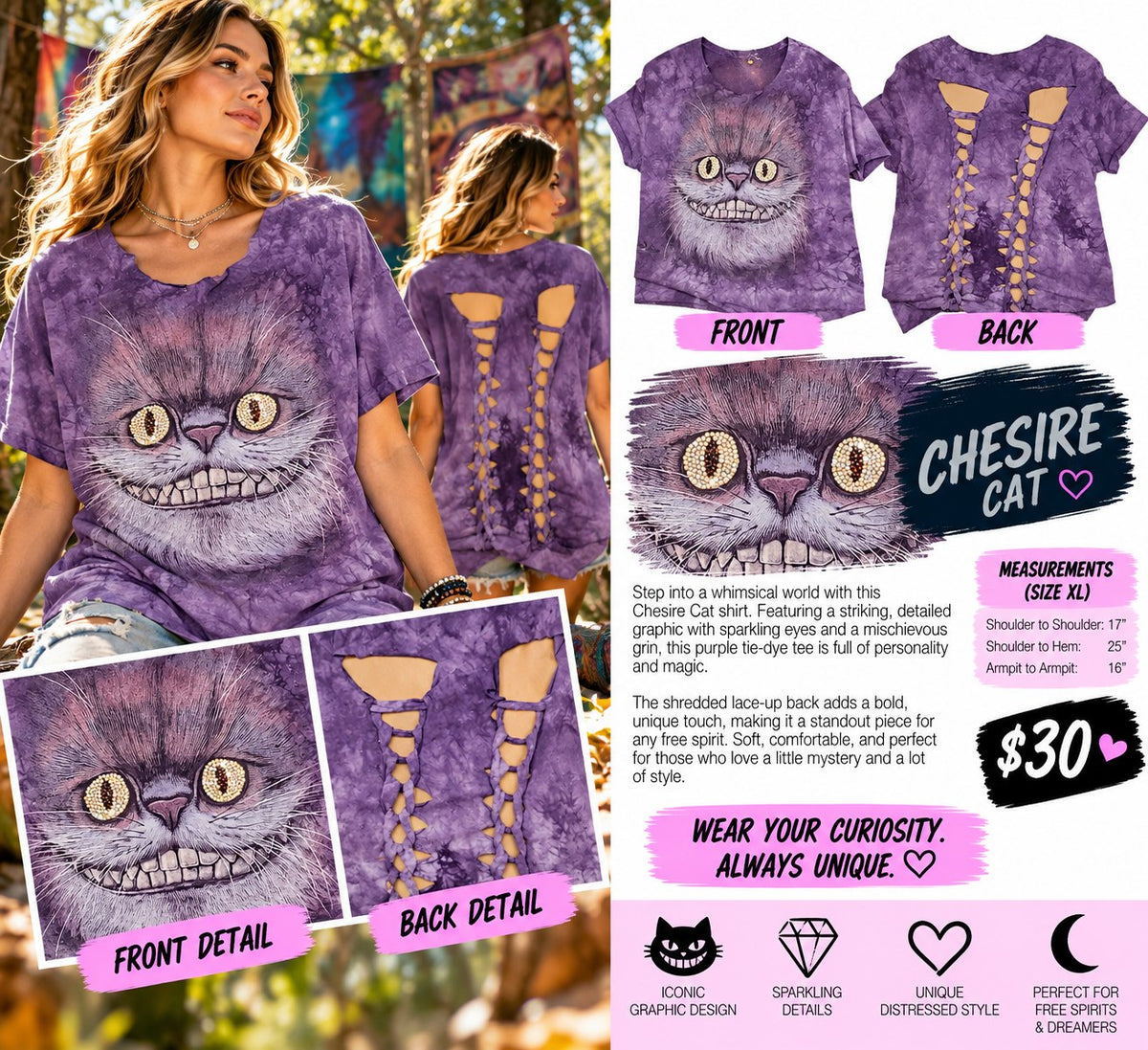 One-of-a-Kind Cheshire Cat Reworked Shirt – Size XL - details and styling