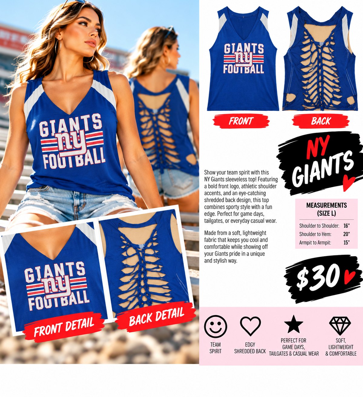 One-of-a-Kind NY Giants Reworked Sleeveless – Size L - details and styling