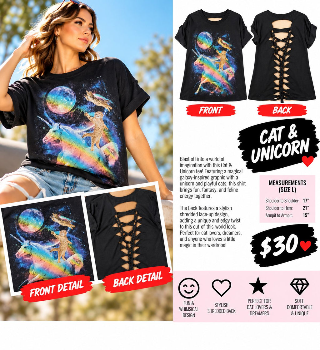 One-of-a-Kind Cat & Unicorn Reworked Shirt – Size L - details and styling