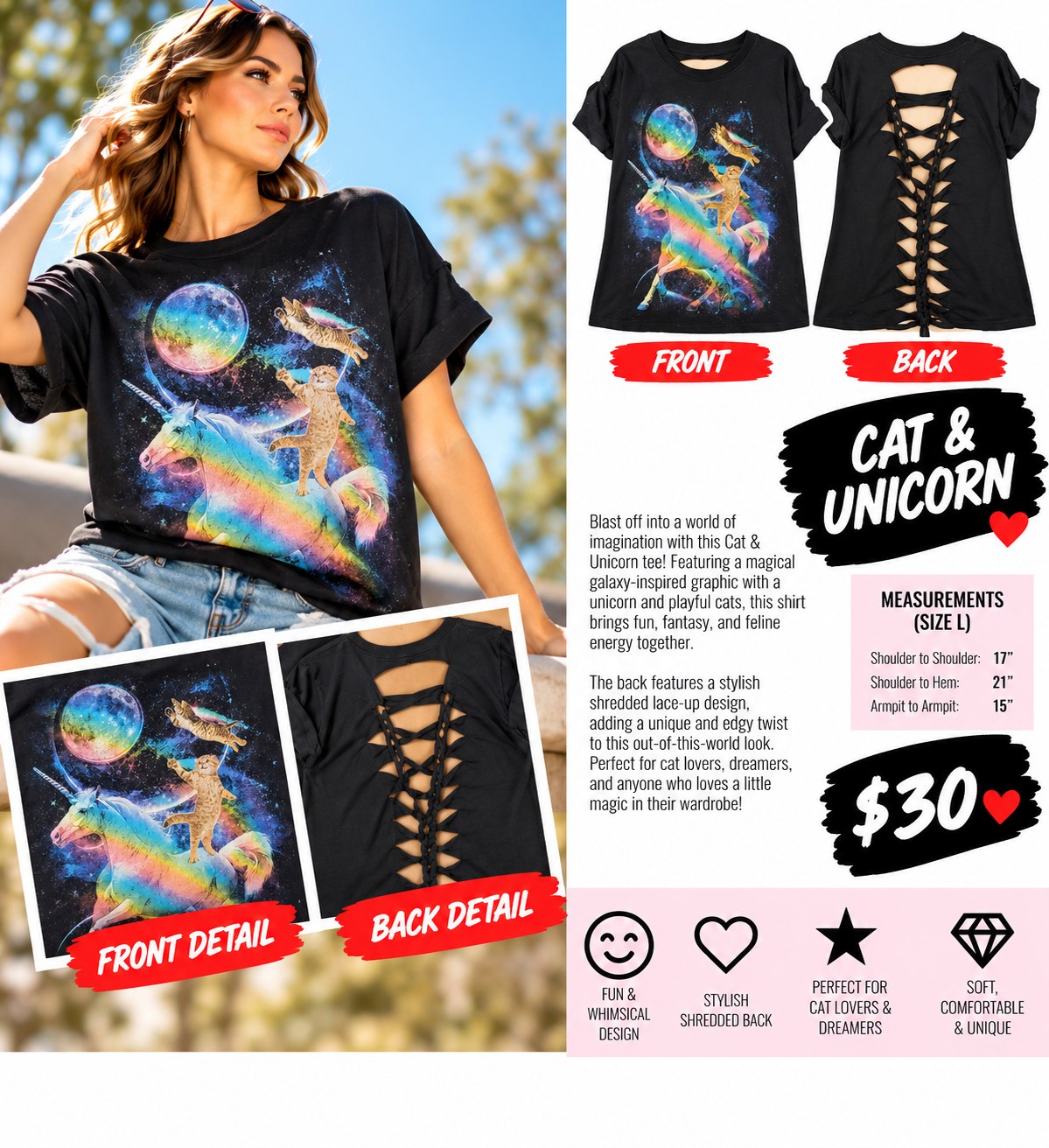 One-of-a-Kind Cat & Unicorn Reworked Shirt – Size L - details and styling