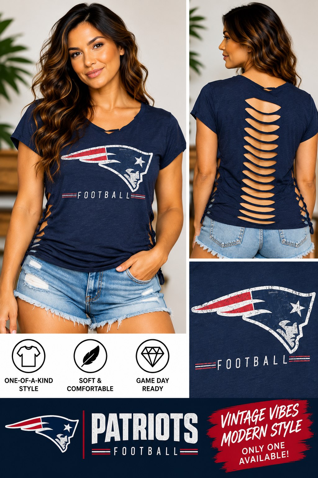 One-of-a-Kind Patriots Football Reworked Shirt – Size L - details and styling