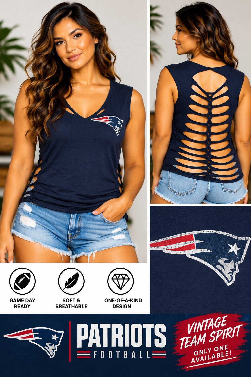 One-of-a-Kind Patriots Football Reworked Sleeveless – Size L - details and styling