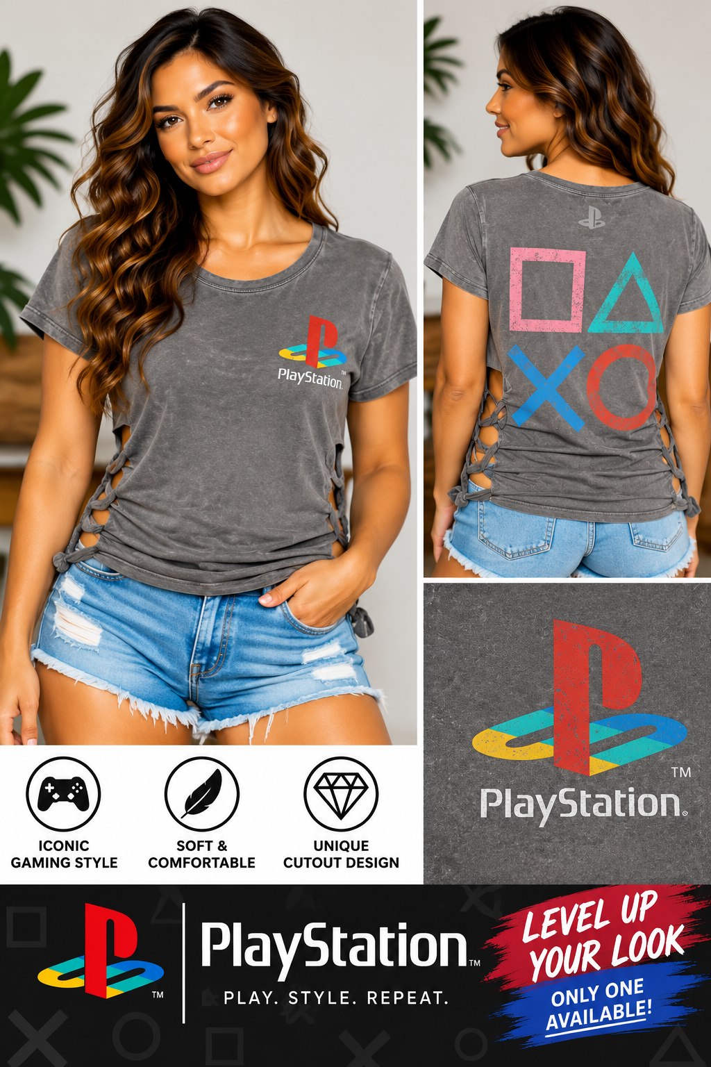 One-of-a-Kind Playstation Reworked Shirt – Size L - details and styling