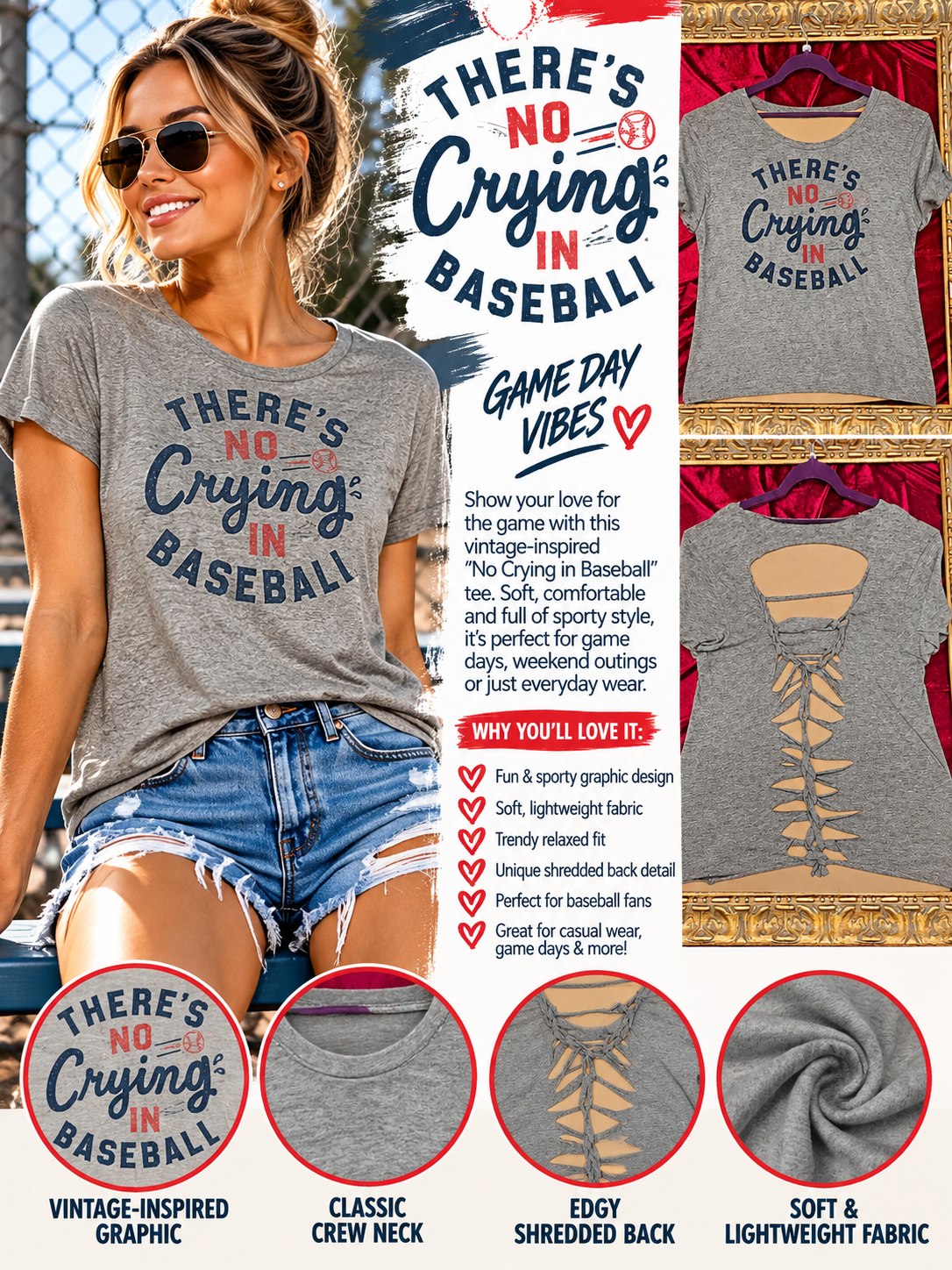 One-of-a-Kind No Crying in Baseball Reworked Shirt – Size L - details and styling