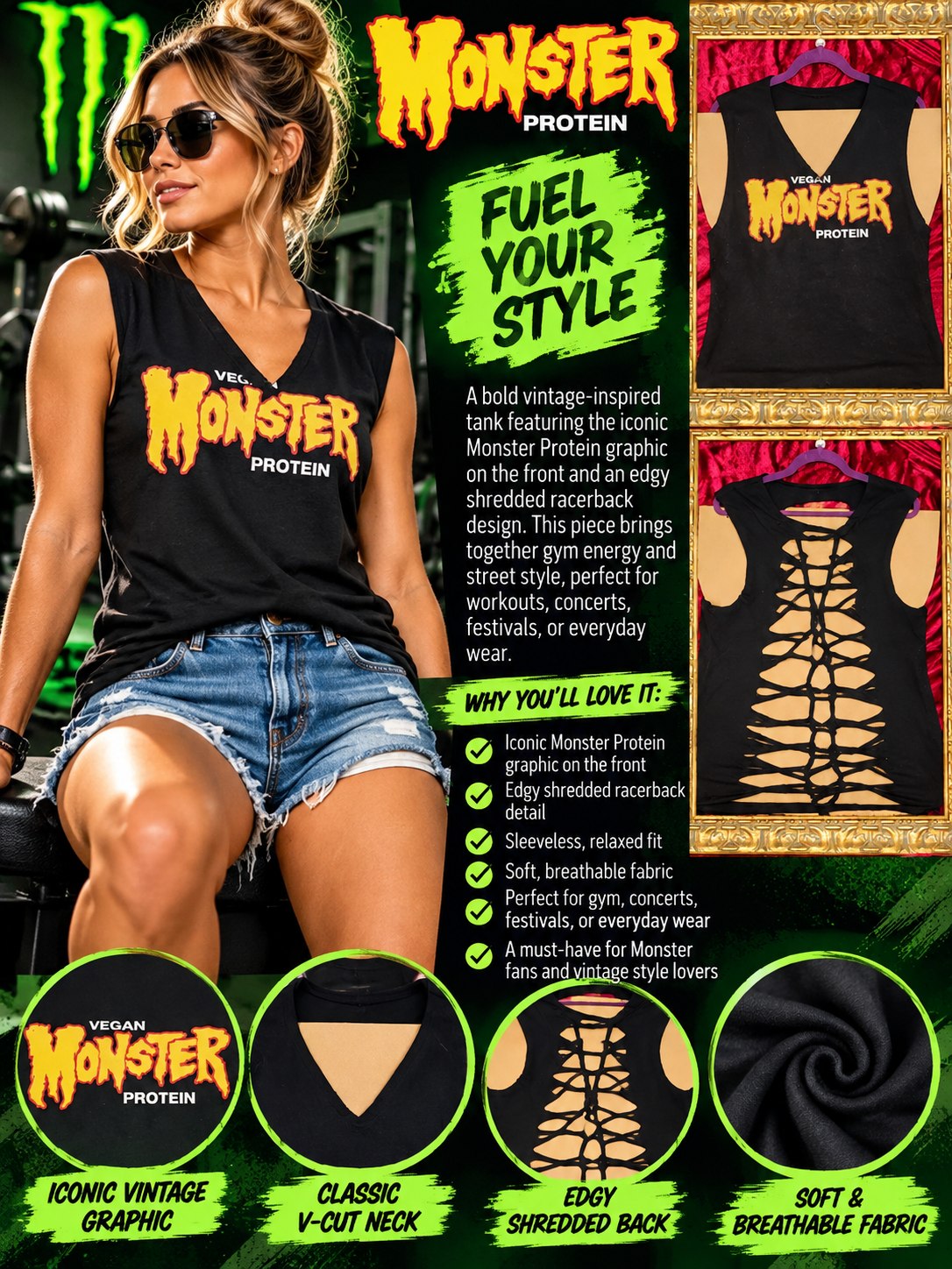 One-of-a-Kind Monster Protein Reworked Tank – Size L - details and styling