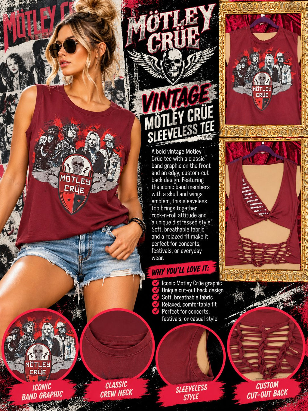 One-of-a-Kind Motley Crue Reworked Sleeveless – Size L - details and styling