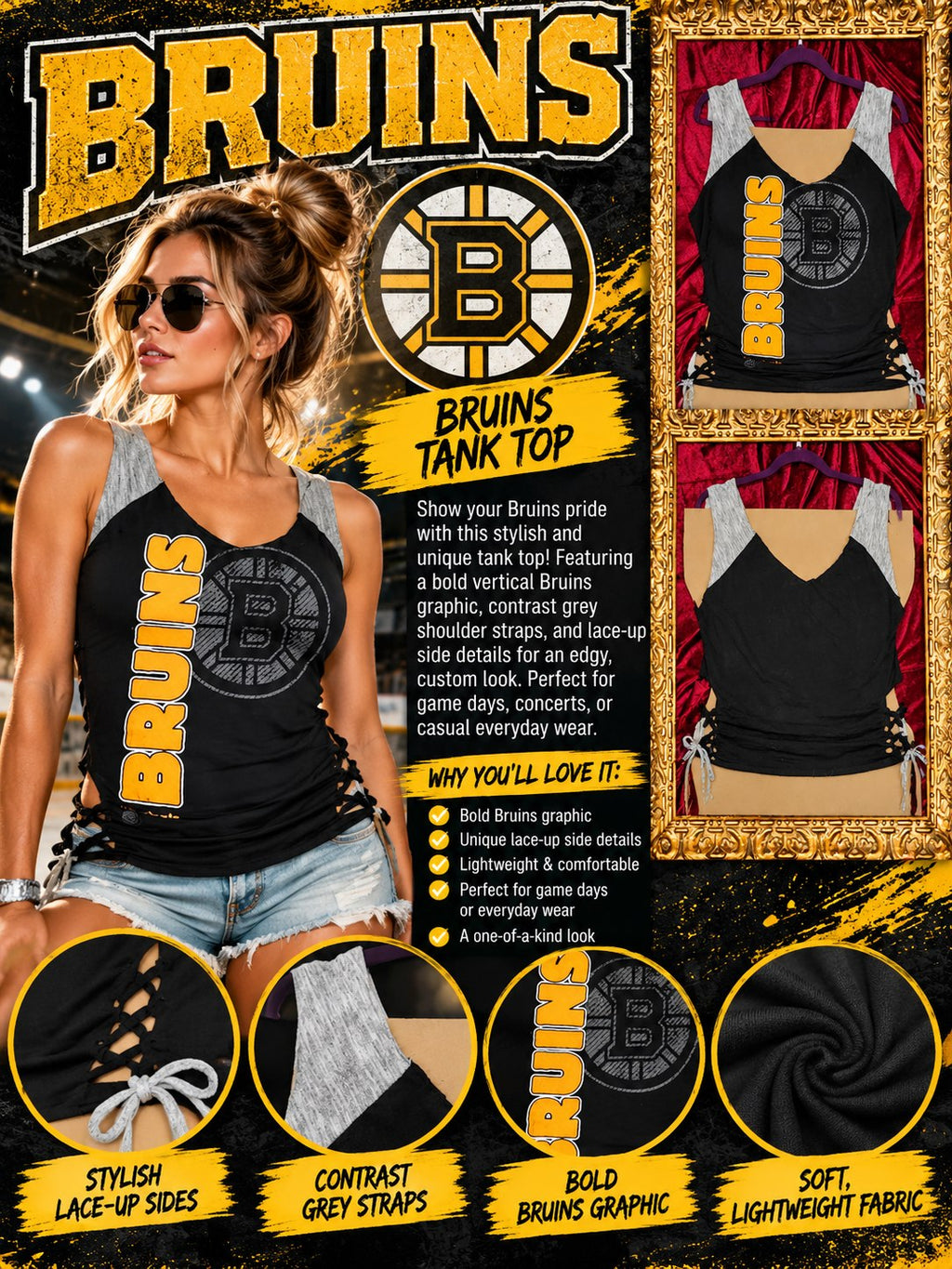 One-of-a-Kind Bruins Reworked Tank – Size L - details and styling
