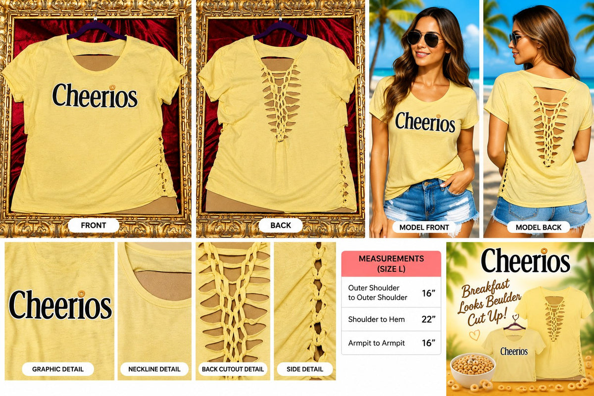 One-of-a-Kind Cheerios Reworked Shirt – Size L - details and styling