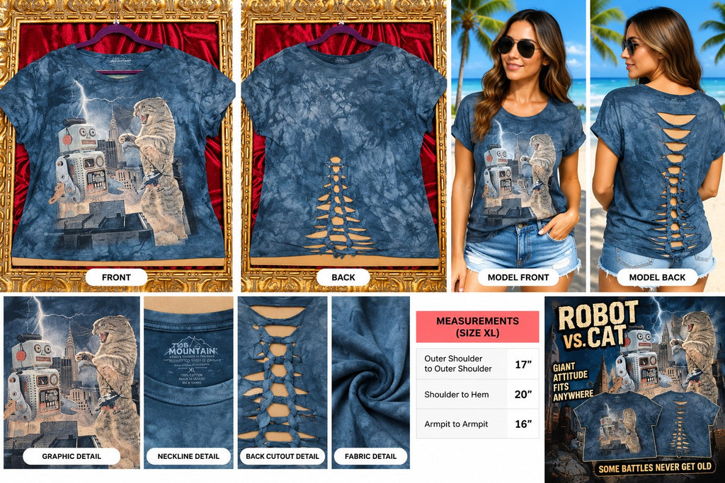 One-of-a-Kind Robot vs. Cat Reworked Shirt – Size XL - details and styling