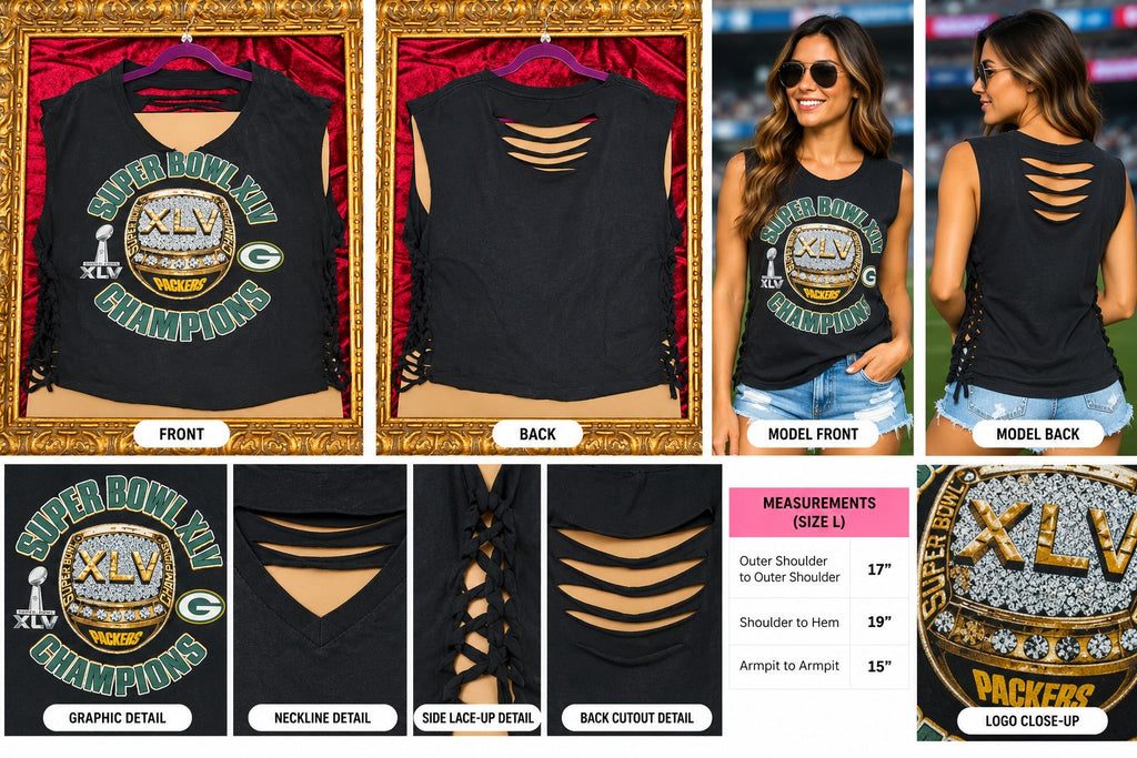 One-of-a-Kind Packers Super Bowl Reworked Sleeveless – Size L - details and styling