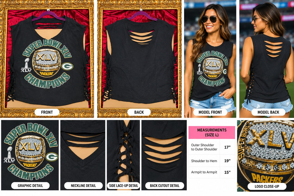 One-of-a-Kind Packers Super Bowl Reworked Sleeveless – Size L - details and styling