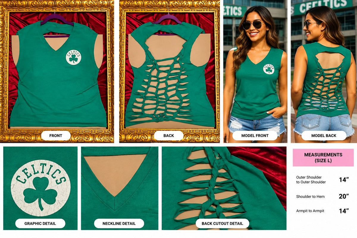 One-of-a-Kind Celtics Reworked Sleeveless – Size L - details and styling