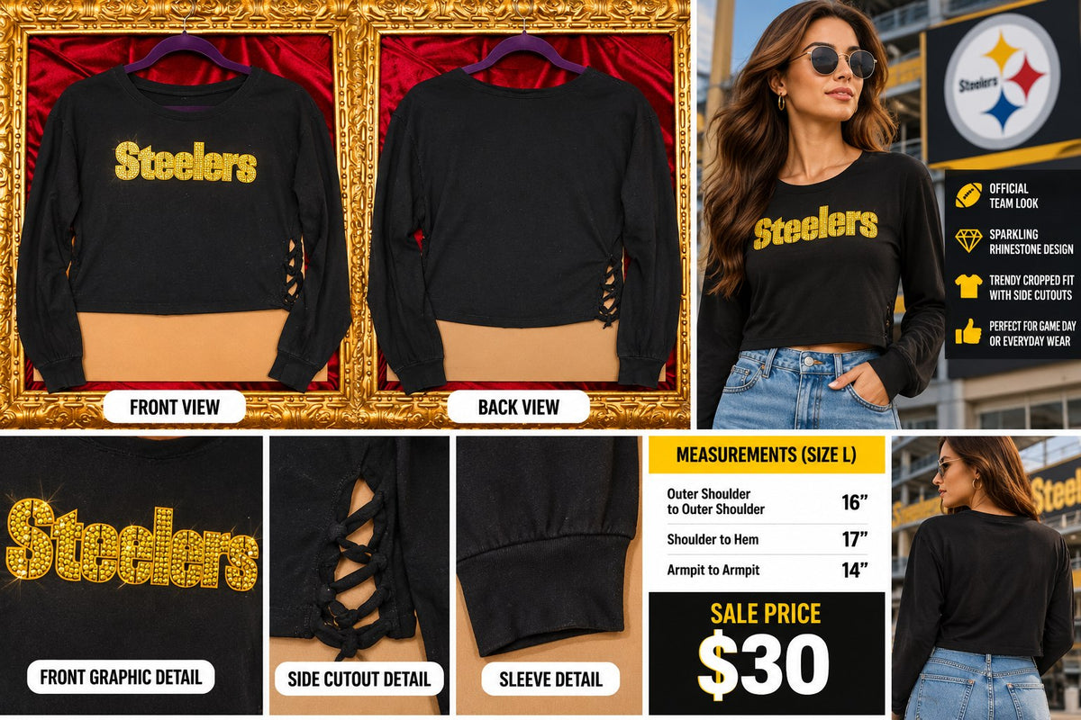 One-of-a-Kind Steelers Football Reworked Long Sleeve – Size L - details and styling
