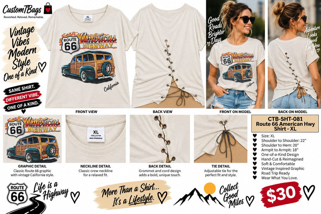 Route 66 American Highway Shirt – Upcycled One-of-a-Kind Women’s XL Reworked Shirt - details and styling